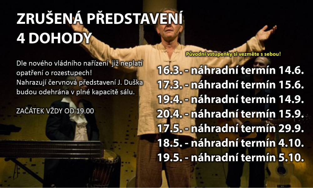 Čtyři dohody - již proběhla všechna náhradní představení za ta zrušená (březen - květen 2020)